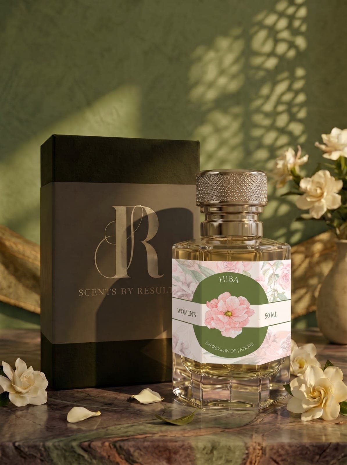 Hiba 50ml faceted glass bottle of pale golden juice under a knurled silver cap, its pink floral Women's label, beside a dark Scents by Results box and white gardenias on marble, against a sunlit green wall.