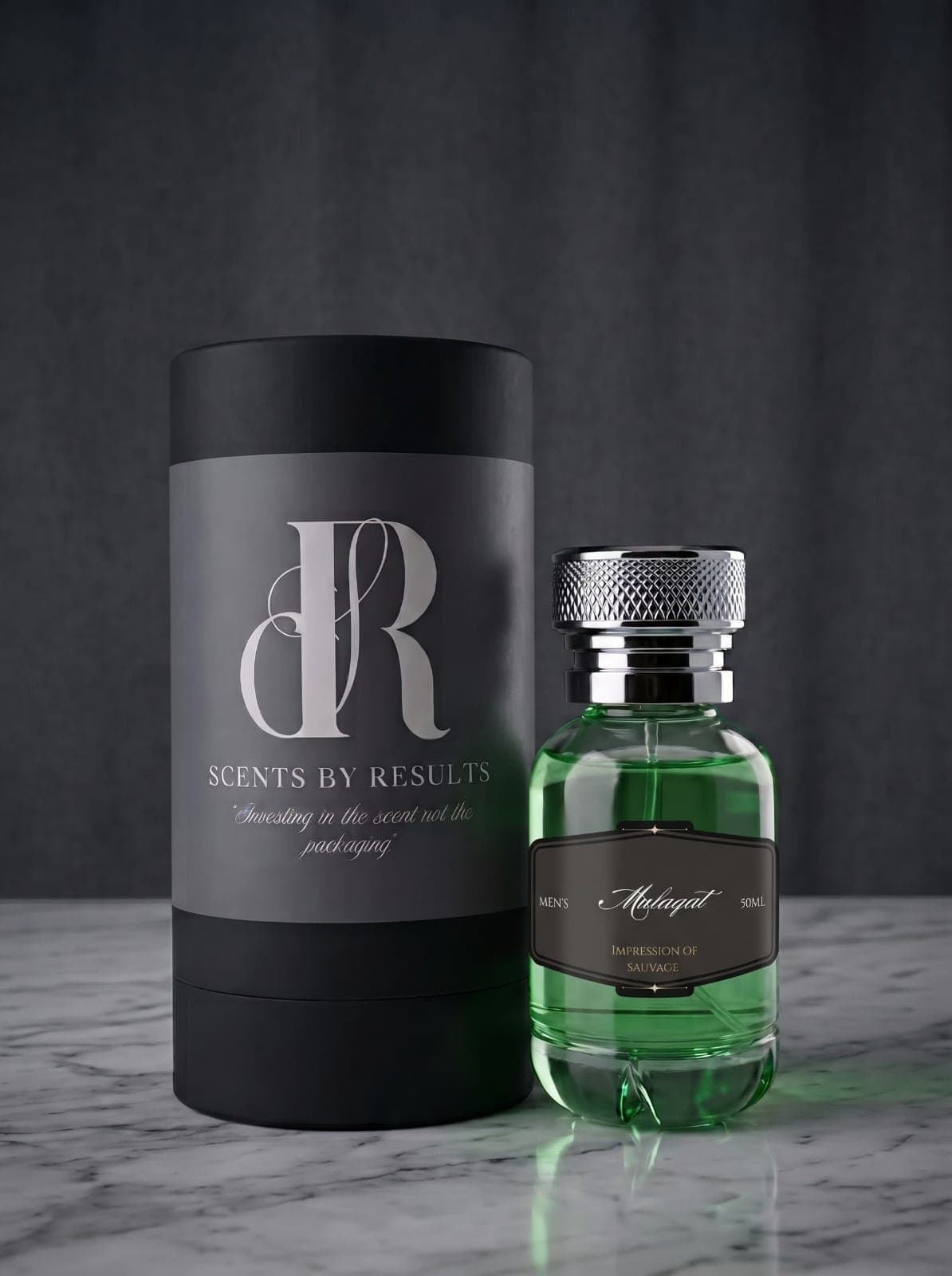 Mulaqat 50ml bottle of bright green juice under a knurled silver cap, its dark label reading Men's, impression of Sauvage, beside a tall black Scents by Results tube on white marble against a charcoal backdrop.